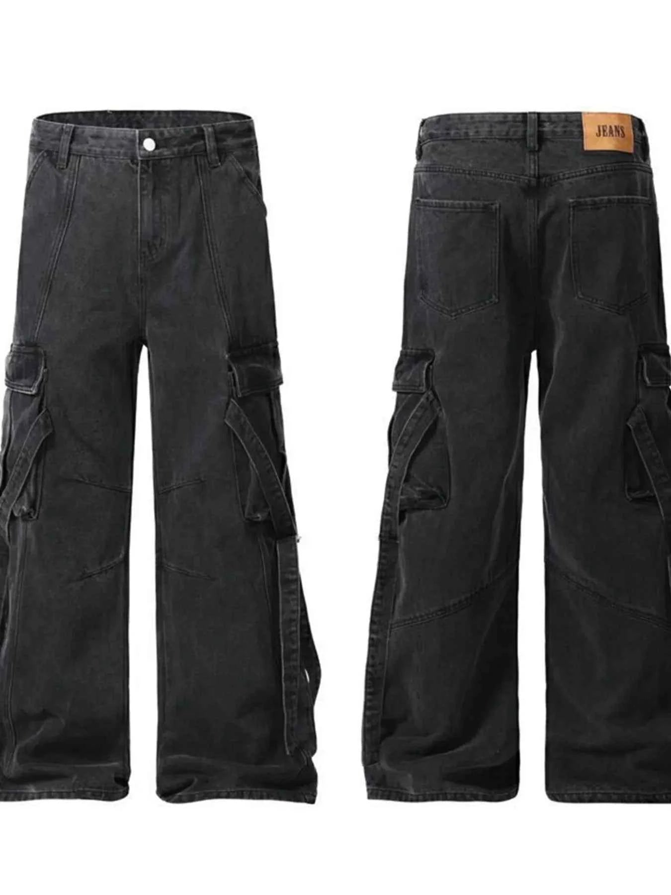 Men's Cargo Wide Leg Jeans with Multiple Pockets